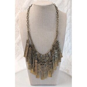 Antique‎ Gold Tone Bib Statement Necklace Textured Bar Fringe Boho